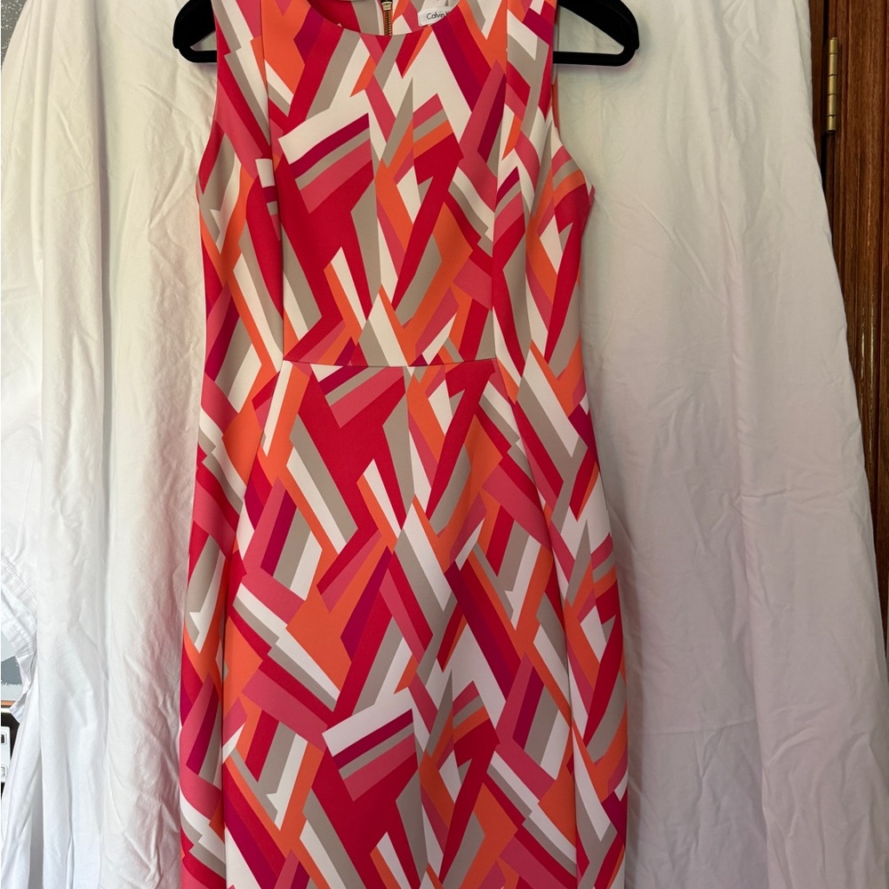 Calvin Klein Geometric Pink and Orange Midi Sheath Dress